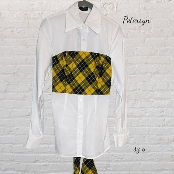 Petersyn Monroe Blouse Plaid Tartan Panel Tie Back Blouse White Yellow S - Picture 3 of 16